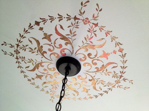 Stenciled Ceiling Medallion in Festive Metallic Paints Creative Ceiling Ideas, Wallpaper Bookcase, Glam Candles, Covering Popcorn Ceiling, Herb Wreath, Bucket Planters, Popcorn Ceiling, Rustic Window, Funky Junk Interiors