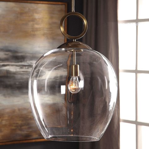 Uttermost Calix Large Blown Glass 1 Light Pendant Large Globe Pendant Light, Large Glass Pendant, Uttermost Lighting, Globe Pendant Light, Transitional Pendant Lighting, Industrial Pendant Lights, Bell Pendant, Modern Rustic Interiors, Industrial Pendant