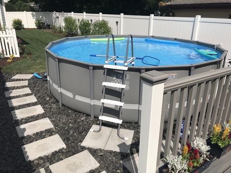 Intex Pool Steps, Intex 12x24 Pool Ideas, Intex Pool Pump Setup, Pool Deck For Intex Pool, Landscaping Diy, Garden Landscaping Diy, Piscina Intex, Swimming Pool Landscaping, Outdoor Pool Area