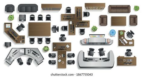 Vector set. Office furniture. (top view) Desks, chairs, cabinets, sofas, computers, conference room, reception. (view from above) Reception Desk Plans, Living Room Top View, Furniture Top View, Desk Top View, Office Table Desk, Table Top View, Interior Design Renderings, Office Top, Office Plan