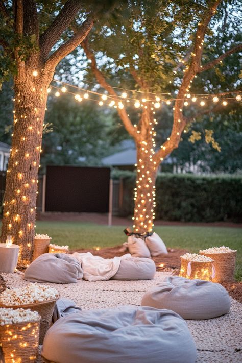 Backyard movie setup with a projector screen, cozy bean bags, plush blankets, fairy lights in the trees, and popcorn stands for a family night under the stars --ar 2:3 --style raw --v 6.1 Outdoor Living Space Ideas, Living Space Ideas, Rooftop Gardens, Balcony Design Ideas, Rustic Patio, Zen Space, Outdoor Living Spaces, Air Bnb, Woven Throw Blanket