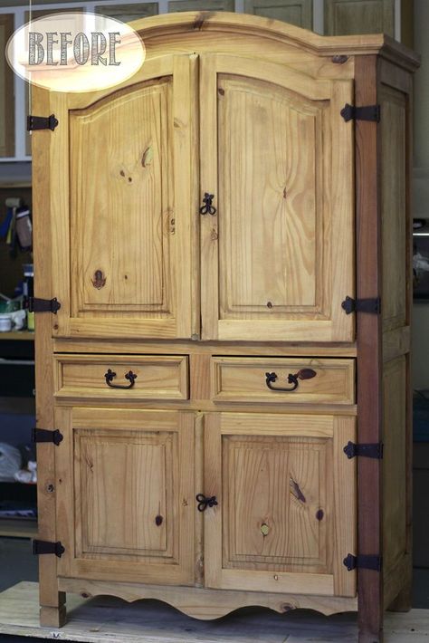 Armoire In Living Room, Outside Oasis, Pine Furniture Makeover, Rustic Armoire, Mexican Pine Furniture, Pine Armoire, Transitional Living Room Furniture, Armoire Makeover, Outside Pool