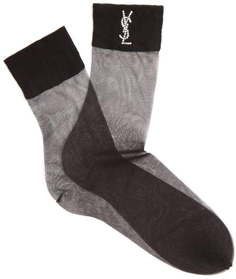 SAINT LAURENT Crystal-embellished sheer socks Ysl Clothes, Socks Logo, Crystal Socks, Transparent Socks, Cool Tights, Fishnet Socks, Ribbed Socks, Sheer Socks, Black High Waisted Shorts