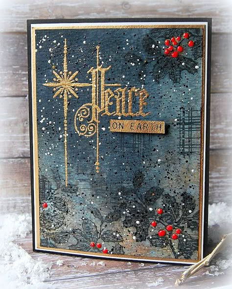 Peace On Earth using ~Tim Holtz/Stampers Anonymous Yuletide Gatherings, Christmastime 2 and Modern Christmas Stampers Anonymous Christmas, Tim Holtz Crafts, Tim Holtz Stamps, Stamped Christmas Cards, Tim Holtz Cards, Christmas Card Inspiration, Homemade Christmas Cards, Card Techniques, Gorgeous Christmas