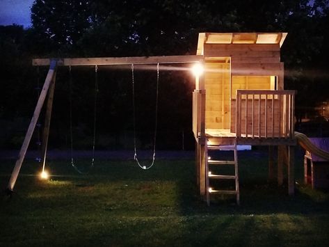 Diy Playset, Diy Yard, Swing Set, Backyard Oasis, Play Houses, Solar Lights, Summer Nights, Park Slide, Oasis