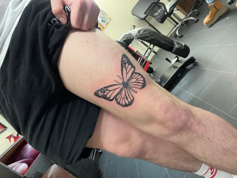 Butterfly Tattoo Above Knee Men, Butterfly Tattoo Thigh Men, Butterfly Tattoo Men Leg, Butterfly Chest Tattoo Men, Male Butterfly Tattoo, Masculine Butterfly Tattoo, Thigh Butterfly Tattoo, Butterfly Tattoo On Thigh, Butterfly Tattoo Leg