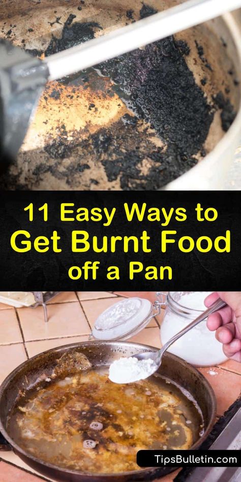 Unsure about how to get burnt food off a pan? These easy tips will clean your cookware without scrubbing with harsh abrasives. Try natural solutions like baking soda, white vinegar, and lemon to lift away burnt on food particles without scratching the pan’s surface. #burnt #food #pan #pot Cleaning Burnt Pans, Clean Burnt Pots, Clean Baking Pans, Clean Baking, Burnt Food, Recipe Girl, Cleaning Stuff, Baking Soda Uses, Cleaning Kitchen