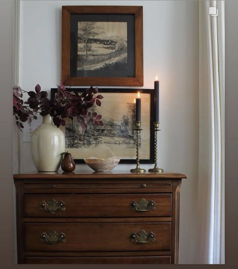 Entryway Dresser Styling, Living Room Decor Dark Academia, Cottage Core Dresser Decor, Minimalist Vintage Decor, How To Decorate With Candlesticks, European Cottage Decor, Wall Decor Living Room Simple, Old Money Aesthetic Decor, Furniture Flip Ideas