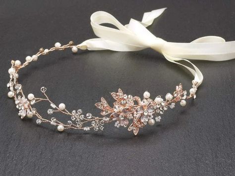 14K Rose Gold Plated or Silver Bridal Headband/vine | Etsy India Gold Bridal Headband, Vine Headband, Rose Gold Tiara, Beautiful Bridal Hair, Rose Gold Bridal, Bridal Hair Vine, Hair Jewelry Wedding, Bridal Headpiece, Matching Jewelry