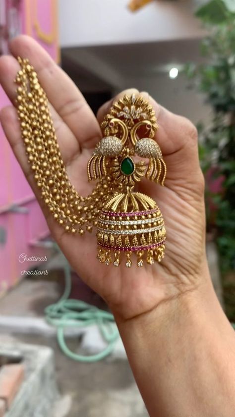 Long Peacock Jhumka with Ear Chains From 'Chettinad Creations' • South India Jewels South Indian Ring, Chettinad Jewellery, Jhumka Designs, Indian Rings, Ear Chain, South Indian Jewelry, Suits Design, Gold Ring Designs, Embroidery Suits Design