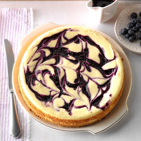 Contest-Winning Blueberry Swirl Cheesecake Recipe -This is my favorite blueberry recipe, which I often make for family get-together.—Cathy Medley, Clyde, Ohio Blueberry Swirl Cheesecake, Blueberry Cheesecake Bars, Blueberry Cheesecake Recipe, No Bake Blueberry Cheesecake, Lemon Blueberry Cheesecake, Swirl Cheesecake, Homemade Cheesecake, Blueberry Desserts, Best Cheesecake