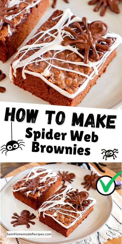 Let these Spider Web Brownies crawl right into your Halloween dreams...errr nightmares! These semihomemade brownies are decorated with marshmallow webs and chocolate spiders for the perfect Halloween treat! Marshmallow Spider Web, Spider Web Brownies, Brownie Marshmallow, Betty Crocker Fudge Brownies, Candy Corn Recipe, Chocolate Spiders, Halloween Treats To Make, Rice Cereal Treats, Apple Hand Pies