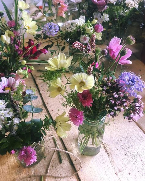 Jam Jar Posies, Wedding Jam Jars, Jam Jar Wedding, Tavern Wedding, Jam Jar Flowers, Flower Stall, Wild Flower Arrangements, Jar Flowers, Wedding Jars