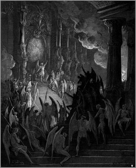 Paradise Lost, ill. by Gustave Doré (1866): “High on a throne of a royal state, which far / Outshone the wealth of Ormus and of Ind” Paul Gustave Doré, Milton Paradise Lost, Paradise Lost, Art Noir, Gustave Dore, Biblical Art, Art Et Illustration, Six Feet Under, Norman Rockwell