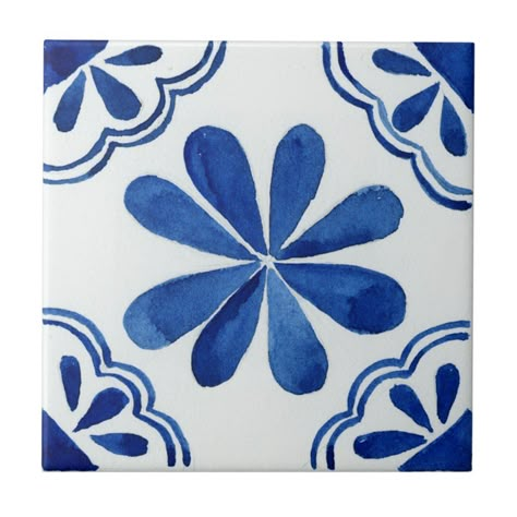 Give your home a unique, Mediterranean look with Blue & White Floral Pattern Mediterranean Ceramic Tile! This delightful tile features a beautiful watercolor style pattern in blue and white that will bring sophistication and charm to any room. Perfect for adding interest to dull walls, this tile is ideal for creating stunning feature walls or backsplashes in bathrooms and kitchens. The intricate flower pattern adds an elegant yet inviting look to any space, while the deluxe glaze finish means it Greece Tiles Blue And White, Blue Mediterranean Tile, Amalfi Tile Pattern, Blue And White Pottery Ceramics, Blue And White Spanish Tile, Blue And White Greek Tiles, Blue Italian Tile, Kitchen Wall Pattern, Floral Tile Pattern