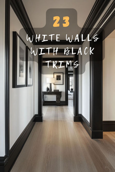 Ready to make a statement? Click for bold and beautiful white walls with black trim designs that stand out in any room! 🏠✨ #BoldContrast #StatementDesign #RoomMakeover #HomeStyle #InteriorTrends White Walls Black Trim Bathroom, White Door Black Frame, White Walls With Different Color Trim, White Walls Black Doors Wood Floors, White Walls Black Baseboards, Dark Trim White Doors, Black White Entryway, Black Door White Walls, White Wall With Black Trim