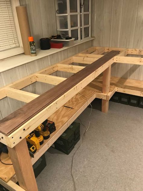 Reloading Bench Ideas, Reloading Room Ideas Benches, Shed Work Bench Ideas, Reloading Bench Plans, She Shed Craft Room, Wooden Work Bench, Reloading Room, Garage Workbench Plans, Diy Furniture Repurpose