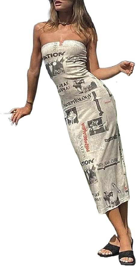 Amazon.com: ROAONOCOMO Women Newspaper Print Tube Midi Dresses Hollow Out Off Shoulder Bodycon Maxi Dresses Strapless Sexy Clubwear : Clothing, Shoes & Jewelry Newspaper Print Dress, Tube Midi Dress, Tube Maxi Dresses, Long Fitted Dresses, Split Long Dress, Newspaper Print, Dress Party Night, Dress Y2k, Cami Maxi Dress