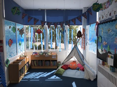 Underwater reading corner. Children made sea creatures using paper plates to hang by string or stick on the wall Classroom Displays, Reading Corner, Teacher Ideas, Preschool Crafts, Paper Plates, Sea Creatures, Classroom Decorations, Classroom Decor, Under The Sea