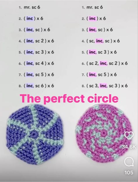 Learn Crochet Beginner, Crochet Circle Pattern, Crochet Stitches Guide, Crochet Stitches Diagram, Quick Crochet Patterns, Perfect Circle, Crochet Circles, Beginner Crochet Projects, Crochet Stitches For Beginners