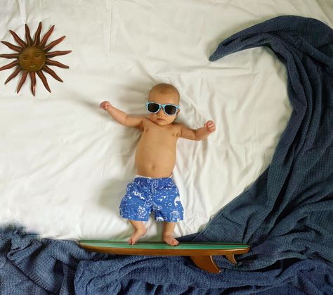 Newborn Surf Photography, Baby Monthsary Photo Ideas Boy, Baby Boy Summer Photoshoot, Surf Baby Nursery, Baby Boy Beach Photoshoot, Summer Milestone Picture Ideas, Boy Monthly Baby Pictures, Baby Monthsary Photo Ideas, August Baby Photoshoot