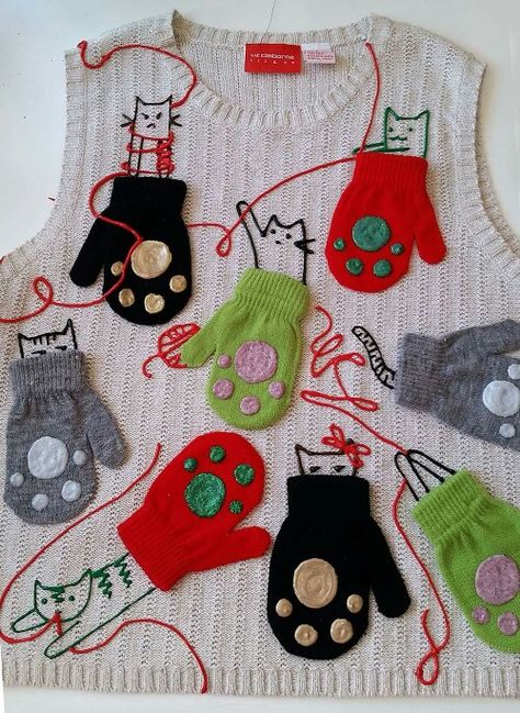 DIY cat christmas sweater Diy Holiday Sweater, Diy Tacky Christmas Sweater, Diy Christmas Sweater Ideas, Cat Christmas Sweater Crochet Pattern, Easy Ugly Christmas Sweater, Sweater With Cats On It, Ugly Sweater Cookie, Ugly Christmas Sweater Outfit, Ugly Christmas Sweater Cat