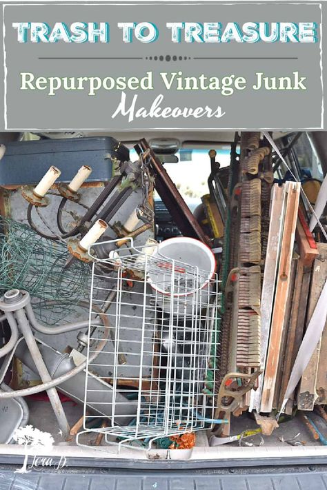 Diy Salvaged Junk Projects, Vintage Recycled Decor, Junk Repurposed Diy Ideas, Repurposed Trunk Ideas Diy, How To Repurpose Furniture, Metal Repurposed Ideas, Farm Repurpose Ideas, Trash Into Treasure Diy, Diy Yard Art From Junk Repurposing