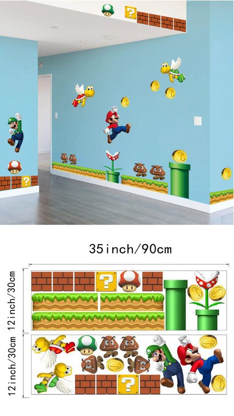 Personalize your Kids Room with the Super Mario Brothers High Quality Decals and Create a Beautiful Wall Art Fun Atmosphere for Your Home or Office Comes With 27 Colorful Wall Decals Rolled in 2 Sheets 2x (30x90cm), Decals Range Size: 100cm - 140cm On the Wall Wall Stickers Easy to Use - Remove, reposition, and Reuse Without Leaving Damage or Residue on Your Walls Can be Used on Wall or Any Other Smooth Surface like - Windows, Mirrors, Doors, Drawer Cabinets and more Mario Bros Room, Mario Wall, Peel And Stick Decals, Drawer Cabinets, Stickers Easy, Super Mario Brothers, Mario Brothers, Vinyl Wall Stickers, Kids Playroom