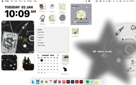 Aesthetic Macbook Desktop Layout, Macbook Design Ideas, Desktop Widget Ideas, Jungkook Macbook Wallpaper Aesthetic, Macbook Theme Aesthetic, Mac Setup Aesthetic, Black And Blue Desktop Wallpaper, Macbook Wallpaper Inspo Widgets, Aesthetic Mac Homescreen