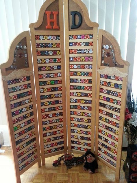 Harley Poker Chip Display, DIY, made from room divider screen Poker Chip Display, Chip Display, Harley Davidson Decor, Harley Davidson Crafts, Casino Party Decorations, Casino Decorations, Poker Chip, Mad Hatters, Divider Screen