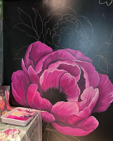 Peony Mural Wall Art, Wall Art Peony, Peony Wall Mural, Hand Painted Flowers On Wall, Painting On Wall Ideas, Painted Flowers On Wall, Flower Mural Wall Paintings, Peony Mural, Flower Murals