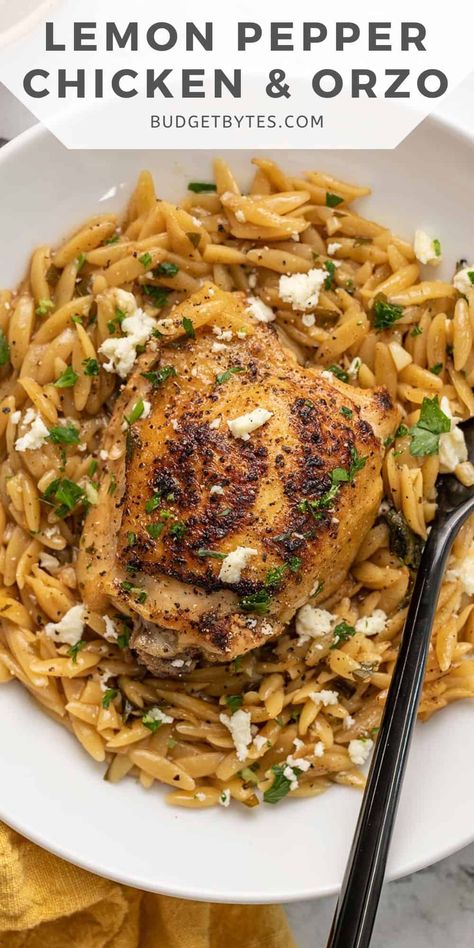 Lemon Pepper Chicken with Orzo is a zesty one-pot meal featuring juicy chicken thighs, orzo, feta, and lemon pepper for tons of flavor! BudgetBytes.com Lemon Pepper Chicken With Orzo, Cheaper Dinner Ideas, Lemon Pepper Recipes, Lemon Pepper Chicken Bites, Lemon Pepper Chicken Recipes, Lemon Peper Chicken, Aldi Dinners, Lemon Pepper Chicken Pasta, Orzo Feta