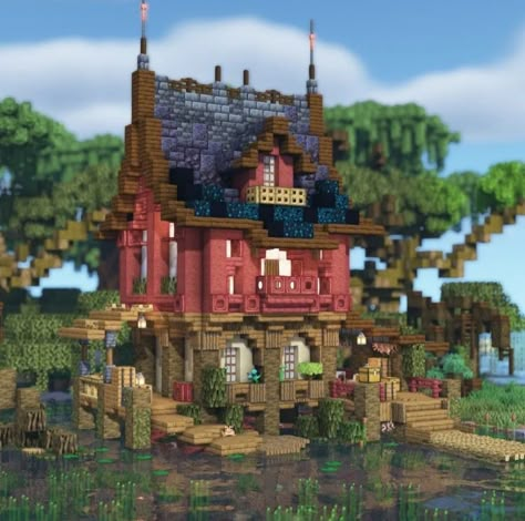 Mangrove Castle Minecraft, Minecraft Hunting Lodge, Minecraft Hunter House, Minecraft Building Ideas Mangrove, Waterhouse Minecraft, Mangrove Wood House Minecraft, Minecraft Waterside House, Mangrove Builds Minecraft, Fisher House Minecraft