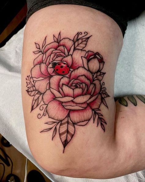 Rose With Ladybug Tattoo, Rose And Ladybug Tattoo, Flower And Ladybug Tattoo, Ladybug On Flower Tattoo, Ladybug Flower Tattoo, Ladybug Tattoo Ideas, Ladybird Tattoo, Tattoo For My Son, Tattoo Therapy