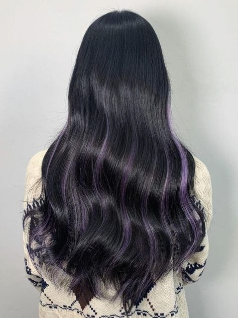 Dark Violet Highlights On Black Hair, Hair Dye Ideas For Dark Brown Hair Highlights, Long Black Hair With Peekaboo Highlights, Black Hair With Pastel Highlights, Black Hair Lavender Highlights, Hair Dye Inspo Black Hair, Highlight Purple Hair, Violet Highlights On Black Hair, Black Hair With Highlights Color