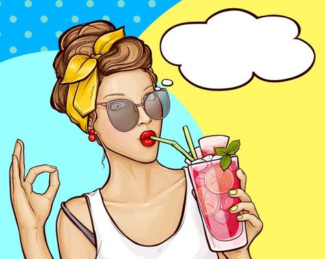 Pop art girl drinks cocktail and shows s... | Free Vector #Freepik #freevector #hand #woman #character #cartoon Pop Art Cocktail, Ragazza Pop Art, Superhero Background, Illustration Pop Art, Woman Character, Comic Text, Pop Art Women, Pop Art Girl, Comic Poster