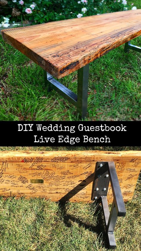 Diy Wedding Benches, Guest Book Bench, Beige Living Room Furniture, Wedding Bench, Diy Wedding Guest Book, Live Edge Bench, Furniture Build, Making Furniture, Diy Wedding Gifts