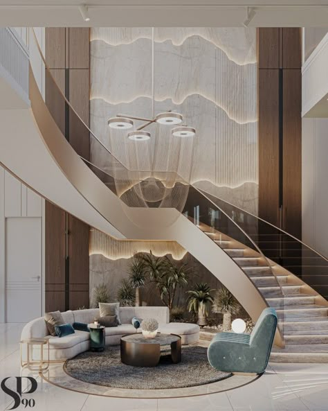 Double Height Staircase Design, Stairs Wall Design Modern Luxury, Double Height Stairs, Stair Case Wall Designs, Double Height Staircase Wall Design, Double Height Staircase, Stairs Wall Design Modern, Modern Luxury Staircase, Royal Staircase