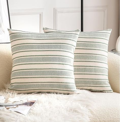 Amazon.com: Cethom Decorative Boho Throw Pillow Covers, Farmhouse Textured Pillow Case, 18 x 18 Inch Set of 2, Chair Sofa Bedroom Living Room Home Decor Couch Cushion Case, Green and Beige Striped : Home & Kitchen Green Living Room Color Scheme, Sage Green Living Room, Boho Throw Pillow, Bohemian Farmhouse, Couch Cushion, Boho Throws, Boho Throw Pillows, Living Room Color Schemes, Chair Sofa