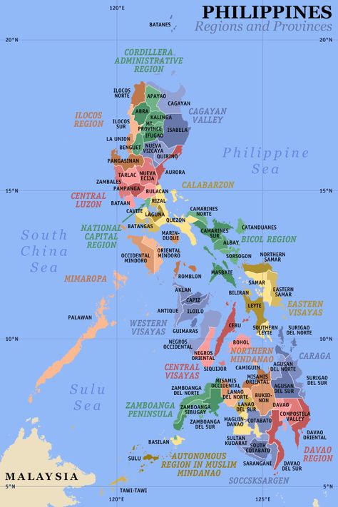 Map of the Philippines showing the provinces. Map Of The Philippines, Regions Of The Philippines, Philippine Map, Mindoro, Bataan, Filipino Culture, Siargao, Cebu City, Quezon City