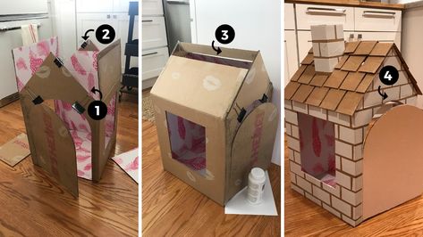 Cardboard Box Playhouse, Cardboard Box Playhouse Diy, Pet Carrier Diy, Cardboard Play House, Cardboard Play, Cardboard Fireplace, Large Cardboard Boxes, Cardboard Playhouse, Cardboard Cat House