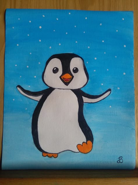 Simple Penguin Painting, Penguin Painting Acrylic Easy, Penguin Painting Easy, Cute Animal Paintings Easy, Penguin Canvas Painting, Penguin Painting Acrylic, Easy Animal Paintings, Penguin Paintings, Winter Rocks