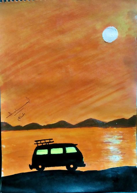 Sunset painting travel van Van Life Painting, Easy Car Painting, Van Painting, Vans Painted, Doodles Ideas, Shadow Drawing, Art Doodles, Travel Van, Easy Watercolor