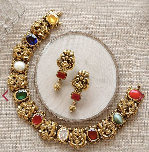 Kundan Jewellery Set Simple Gold, Navarathna Necklace, Navratna Necklace, Navaratna Necklace, Navratna Jewellery, Navaratna Jewellery, Gold Temple Jewellery, Bridal Necklace Designs, Kundan Jewellery Set