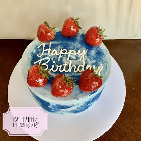 Blue watercolor with glazed strawberries birthday cake Glazed Strawberries, Cake With Strawberries, Strawberry Birthday Cake, Small Birthday Cakes, Pastel Cakes, Red Cake, Blue Cakes, Strawberry Cakes, Boy Birthday Cake