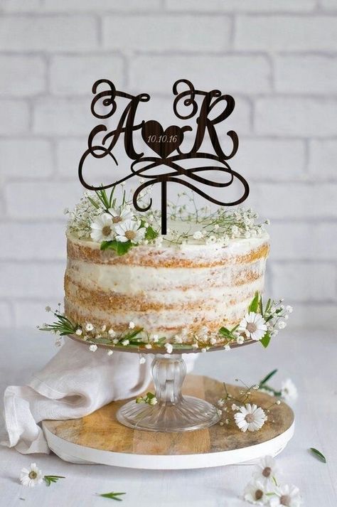 Diy Wedding Cake Topper, Wood Cake Topper Wedding, Wood Wedding Cakes, Wedding Cake With Initials, Wedding Cake Toppers Initials, Wedding Cake Fresh Flowers, Cake Topper Initials, Wood Cake Topper, Monogram Cake Toppers