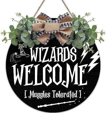 Harry Potter Door Sign, Harry Potter Signs Wooden, Harry Potter Welcome Sign, Harry Potter Door Hanger, Wizards Welcome Muggles Tolerated, Harry Potter Wreath, Harry Potter Signs, Front Door Decorations, Bow Wall