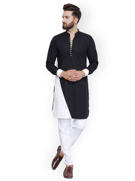 Zotw Men Black & White Colourblocked Straight Kurta - | 1019 Traditional Kurta, Cotton Kurta Set, Boys Kurta Design, Design Kurta, Kurta Pajama Men, Gents Kurta Design, Nigerian Men Fashion, Gents Kurta, Designer Kurta