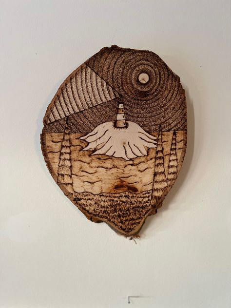 Beach Wood Burning, Wood Lightning Burning, Ocean Wood Burning, Wood Burn Lighthouse, Wood Burning Landscape, Lighthouse Decor, Contrast Lighting, Pyrography Art, Wood Burning Art