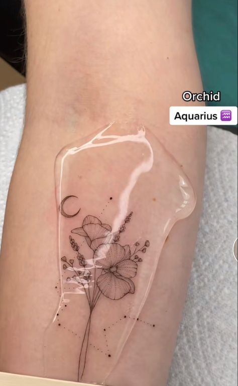 Aquarius Flower Tattoo Birth Month, Aquarius Tattoo Orchid, Aquarius Birth Flower Tattoo, Aquarius Tattoo Unique, Aquarius Star Tattoo, Aquarius Minimalist Tattoo, Aquarius Tattoo Constellation, Tattoo Ideas Aquarius, Aquarius Flower Tattoo